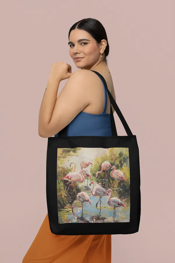 Flamingo_Art_Print_Black_Canvas_Tote_Bag