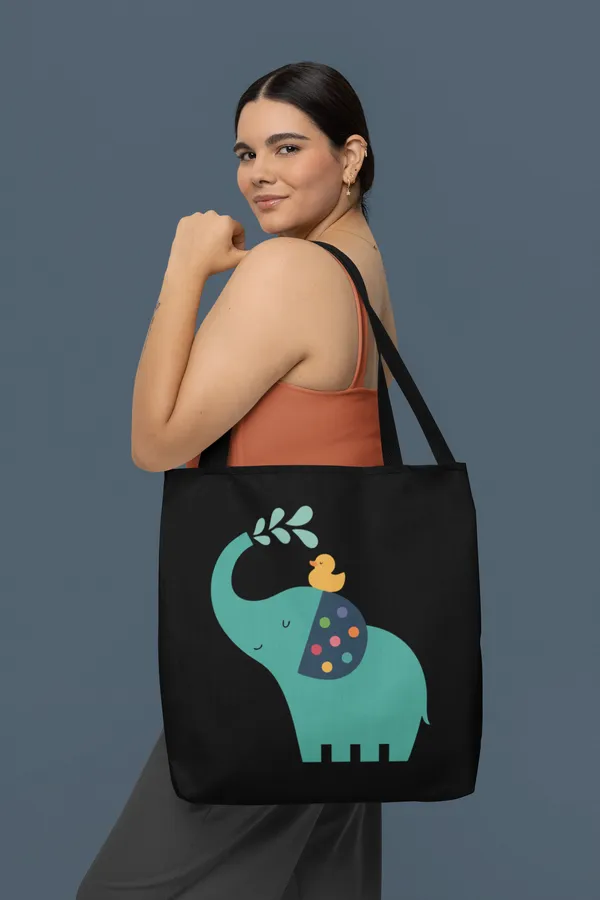 Cute_Elephant_with_Duck_Tote_Bag_-_Black_Canvas_Bag_with_Turquoise_Elephant_Design