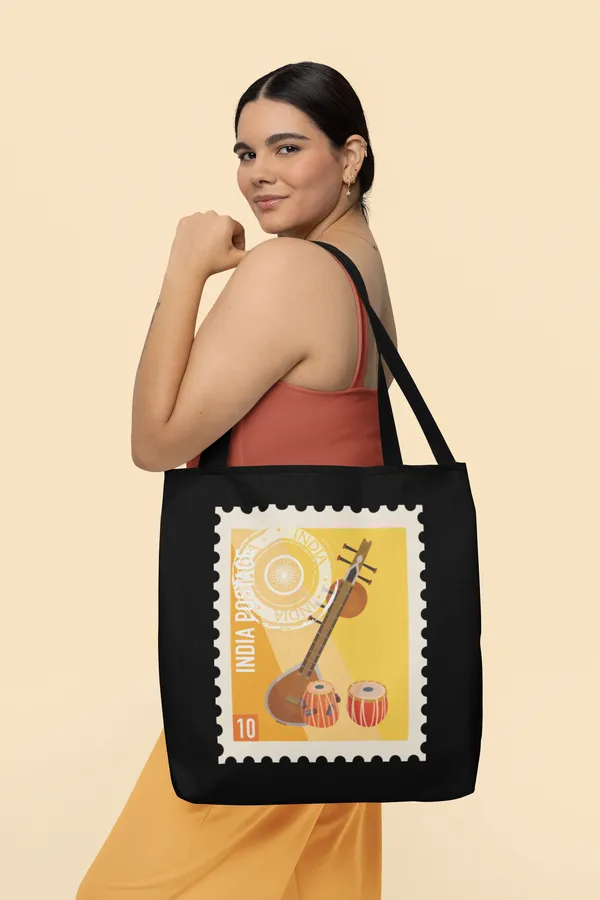 India_Post_Musical_Instruments_Stamp_Tote_Bag_-_Black_Canvas_Shoulder_Bag