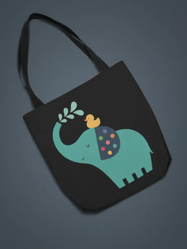 Cute_Elephant_with_Duck_Tote_Bag_-_Black_Canvas_Bag_with_Turquoise_Elephant_Design