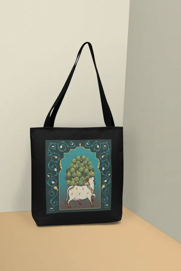 Sacred_Cow_Tree_of_Life_Tote_Bag_-_Black_Canvas_Bag_with_Mughal_Art_Print