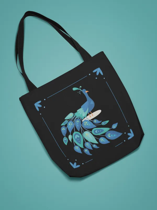 Elegant_Blue_Peacock_Printed_Black_Tote_Bag