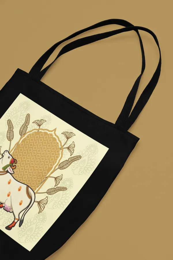 Sacred_Cow_Illustration_Tote_Bag_-_Black_Canvas_Shoulder_Bag_with_Traditional_Indian_Art