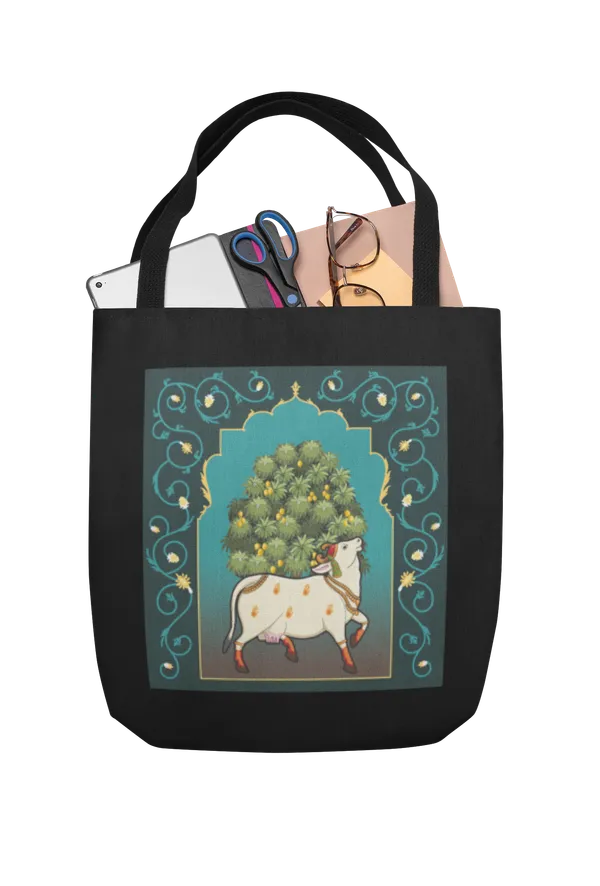 Sacred_Cow_Tree_of_Life_Tote_Bag_-_Black_Canvas_Bag_with_Mughal_Art_Print