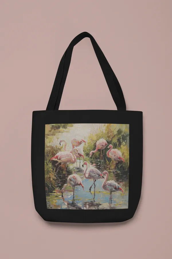 Flamingo_Art_Print_Black_Canvas_Tote_Bag