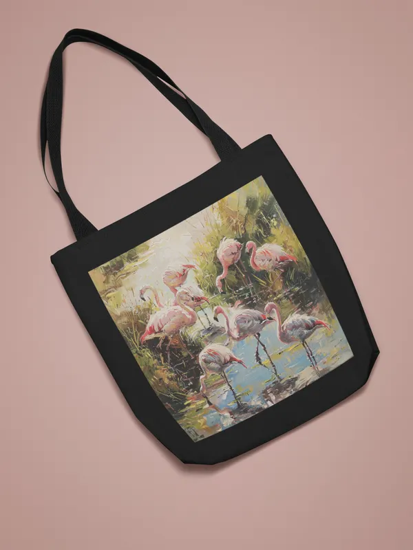 Flamingo_Art_Print_Black_Canvas_Tote_Bag