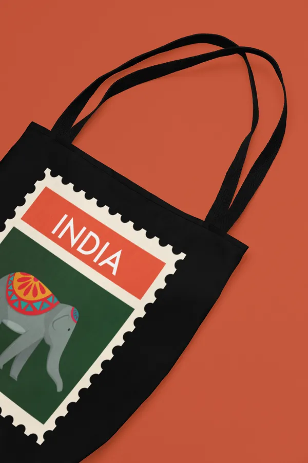 India_Postage_Stamp_Elephant_Black_Cotton_Tote_Bag