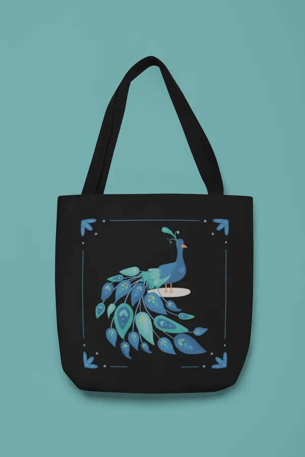 Elegant_Blue_Peacock_Printed_Black_Tote_Bag