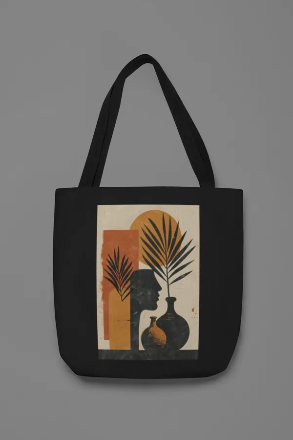 Artistic_Silhouette_Tote_Bag_with_Palm_Leaves_and_Vases_Design