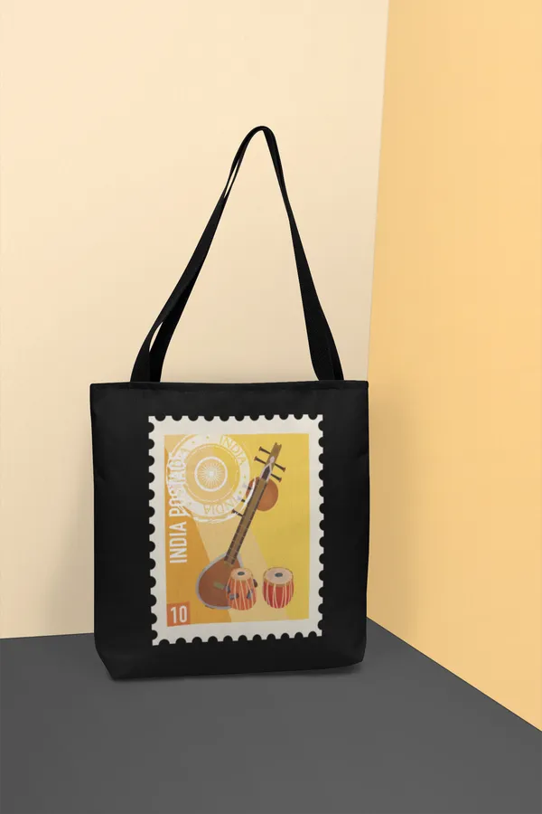 India_Post_Musical_Instruments_Stamp_Tote_Bag_-_Black_Canvas_Shoulder_Bag