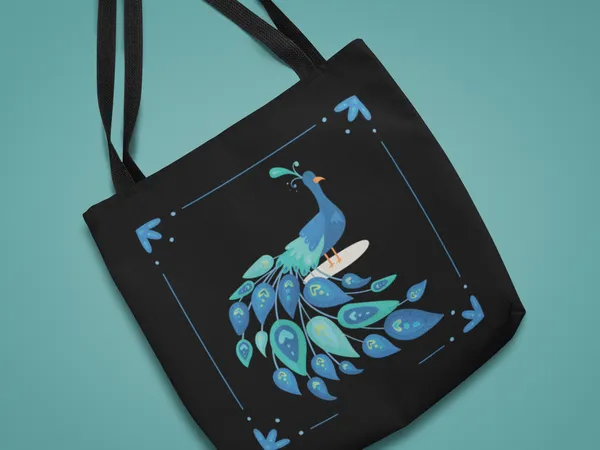 Elegant_Blue_Peacock_Printed_Black_Tote_Bag