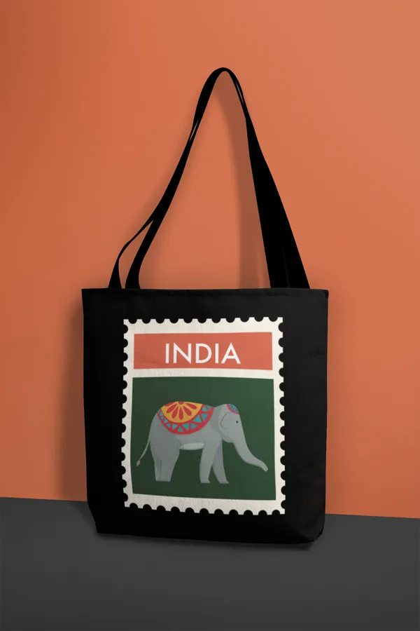 India_Postage_Stamp_Elephant_Black_Cotton_Tote_Bag