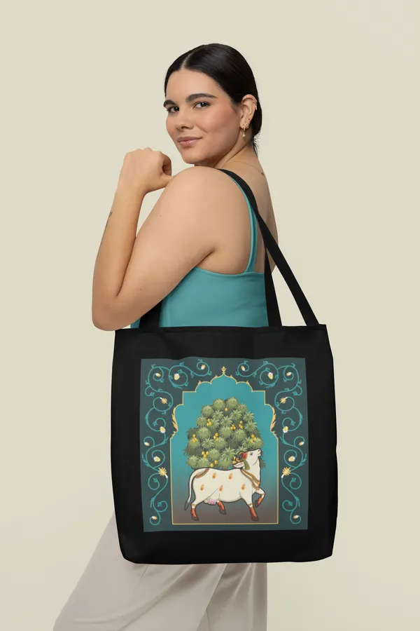 Sacred_Cow_Tree_of_Life_Tote_Bag_-_Black_Canvas_Bag_with_Mughal_Art_Print