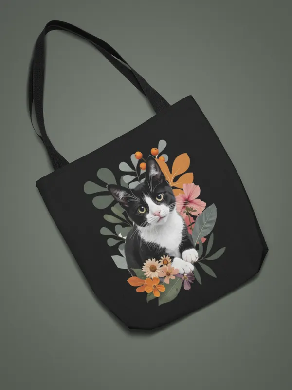 Black_Tote_Bag_with_Floral_Cat_Print