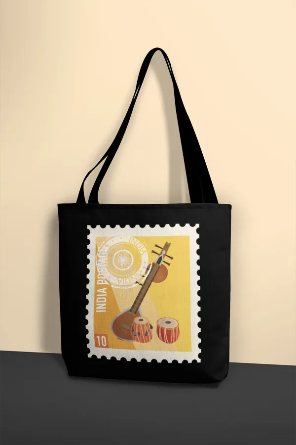 India_Post_Musical_Instruments_Stamp_Tote_Bag_-_Black_Canvas_Shoulder_Bag