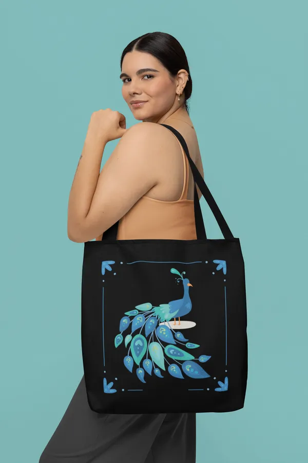 Elegant_Blue_Peacock_Printed_Black_Tote_Bag
