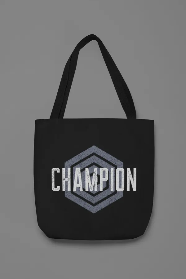 Champion_Logo_Black_Tote_Bag_with_Hexagonal_Badge_Design
