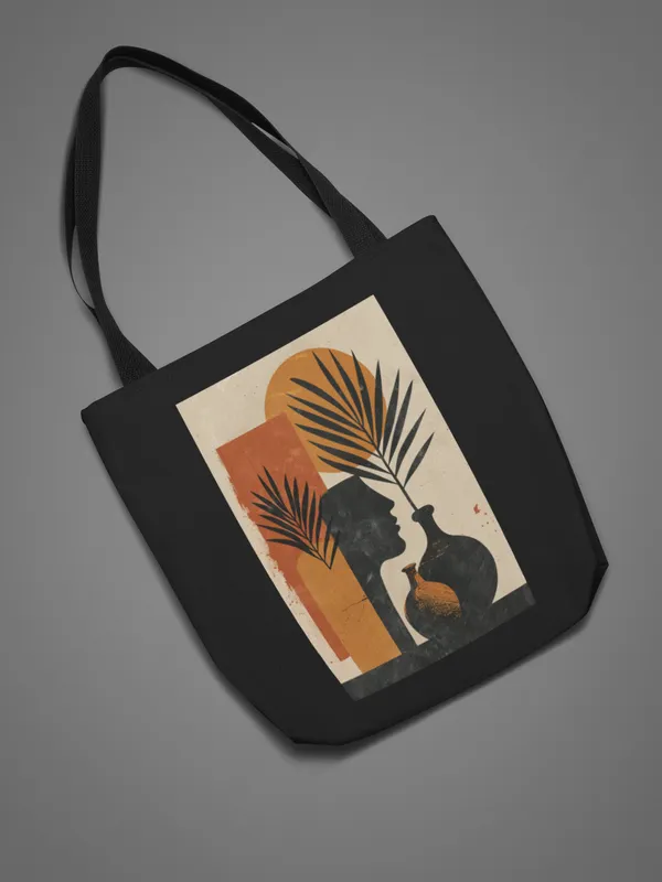 Artistic_Silhouette_Tote_Bag_with_Palm_Leaves_and_Vases_Design