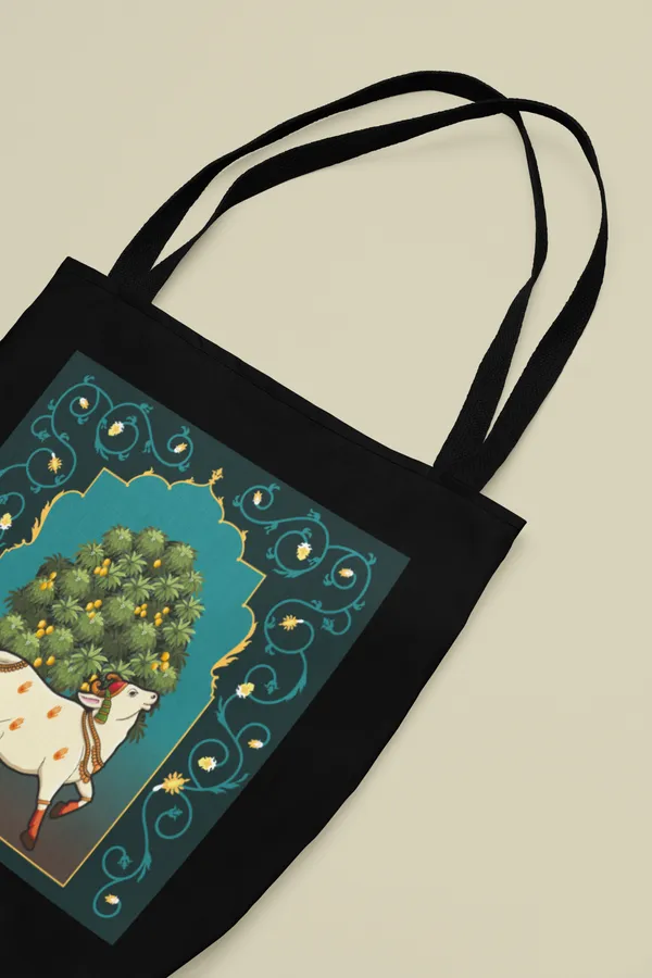 Sacred_Cow_Tree_of_Life_Tote_Bag_-_Black_Canvas_Bag_with_Mughal_Art_Print