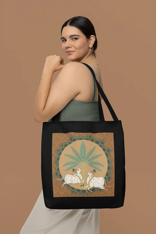 Mughal_Art_Tote_Bag_-_Sacred_Cows_Under_Palm_Tree_Design