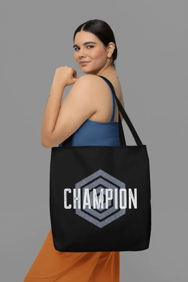 Champion_Logo_Black_Tote_Bag_with_Hexagonal_Badge_Design