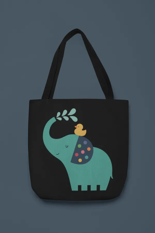 Cute_Elephant_with_Duck_Tote_Bag_-_Black_Canvas_Bag_with_Turquoise_Elephant_Design