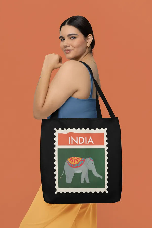India_Postage_Stamp_Elephant_Black_Cotton_Tote_Bag