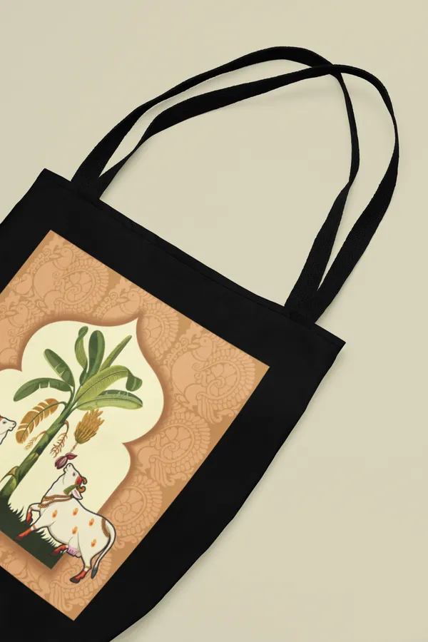 Traditional_Pichwai_Art_Black_Tote_Bag_-_Cow_&_Tree_Design