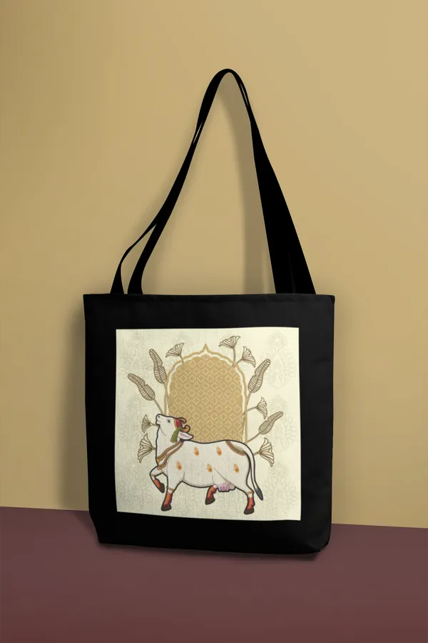 Sacred_Cow_Illustration_Tote_Bag_-_Black_Canvas_Shoulder_Bag_with_Traditional_Indian_Art