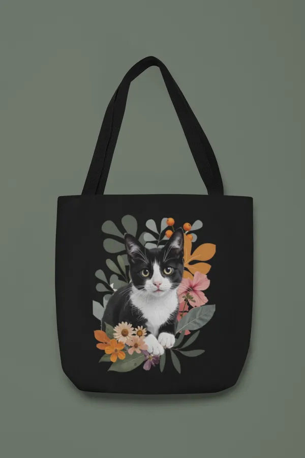 Black_Tote_Bag_with_Floral_Cat_Print