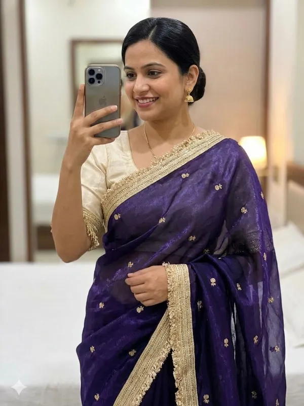 Purple_Embroidered_Saree_With_Golden_Border_And_White_Blouse_Piece