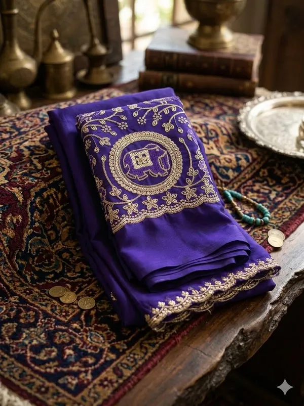 Royal_Blue_Embroidered_Saree_With_Golden_Elephant_Motif_And_Border