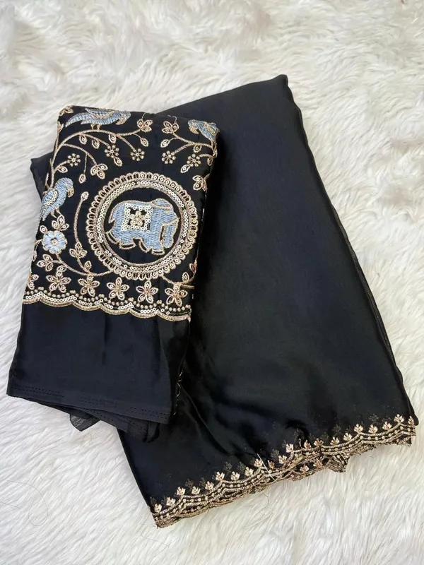 Black_Silk_Saree_With_Golden_Embroidered_Elephant_Motif_Blouse