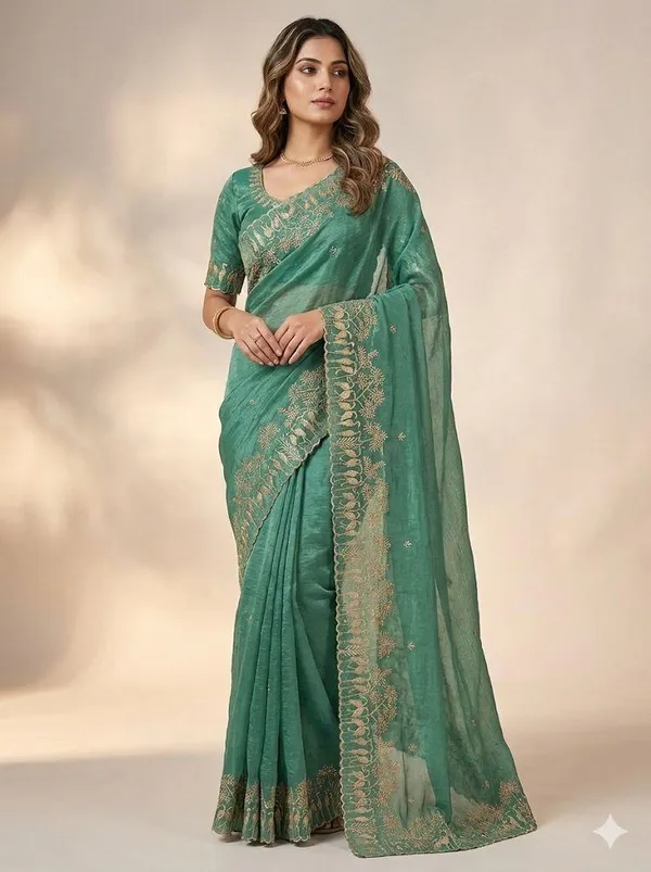 Elegant_Green_Saree_With_Golden_Embroidery_And_Matching_Blouse