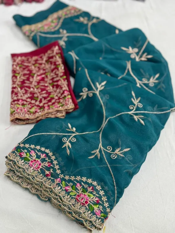 Embroidered_Saree_-_Teal_Blue_And_Maroon