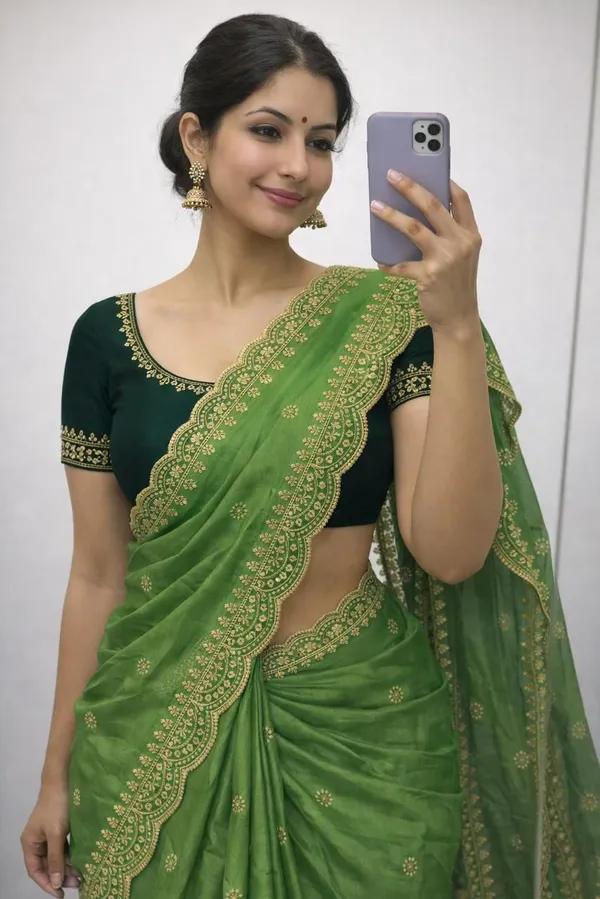 Parrot_Green_Georgette_Saree_With_Embellished_Border_And_Designer_Blouse