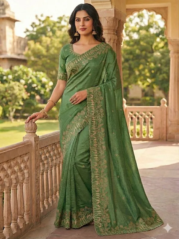 Green_Embroidered_Organza_Saree_With_Blouse
