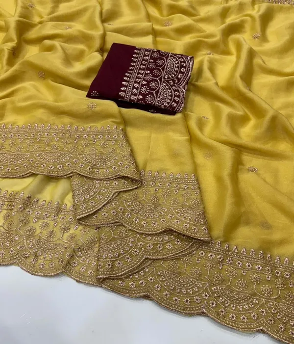 Yellow_Satin_Silk_Saree_With_Golden_Embroidered_Border_And_Maroon_Blouse_Piece