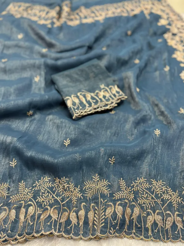 Blue_Embroidered_Saree_With_Golden_Floral_Border_And_Blouse_Piece