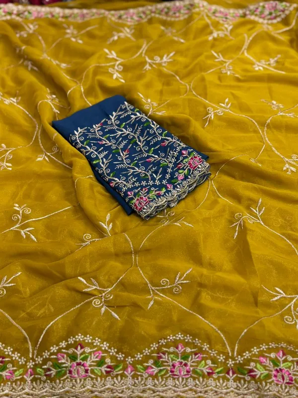 Embroidered_Mustard_Yellow_Organza_Saree_With_Navy_Blue_Blouse