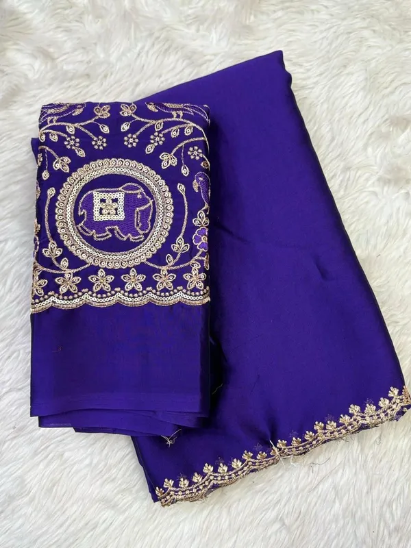 Royal_Blue_Embroidered_Saree_With_Golden_Elephant_Motif_And_Border