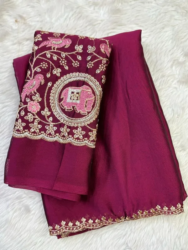 Wine_Georgette_Saree_With_Embroidered_Blouse_Piece