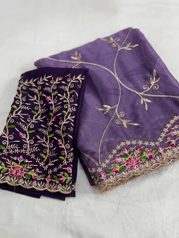 Purple_Embroidered_Organza_Saree_With_Floral_Border_And_Blouse_Piece