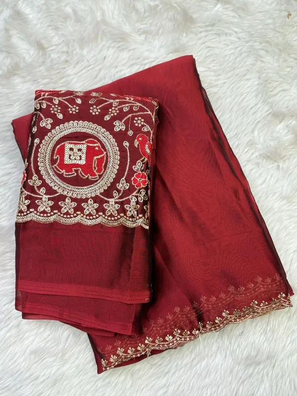 Maroon_Embroidered_Saree_With_Designer_Blouse_Piece