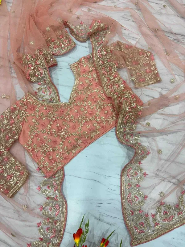 Peach_Embellished_Net_Saree