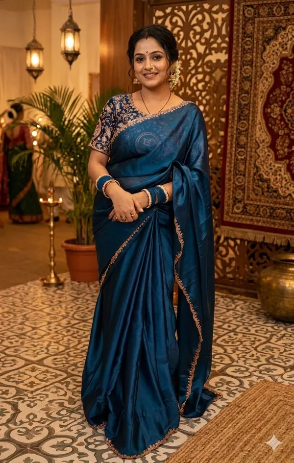 Teal_Blue_Saree_With_Embroidered_Blouse_Piece