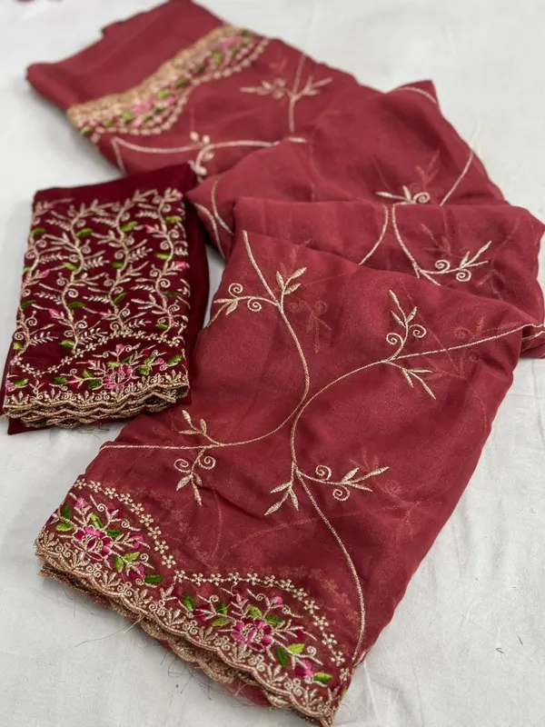 Maroon_Embroidered_Organza_Saree_With_Floral_Zari_Work