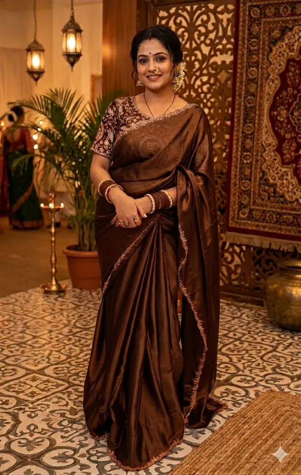 Elegant_Brown_Embroidered_Saree_With_Matching_Blouse_Piece