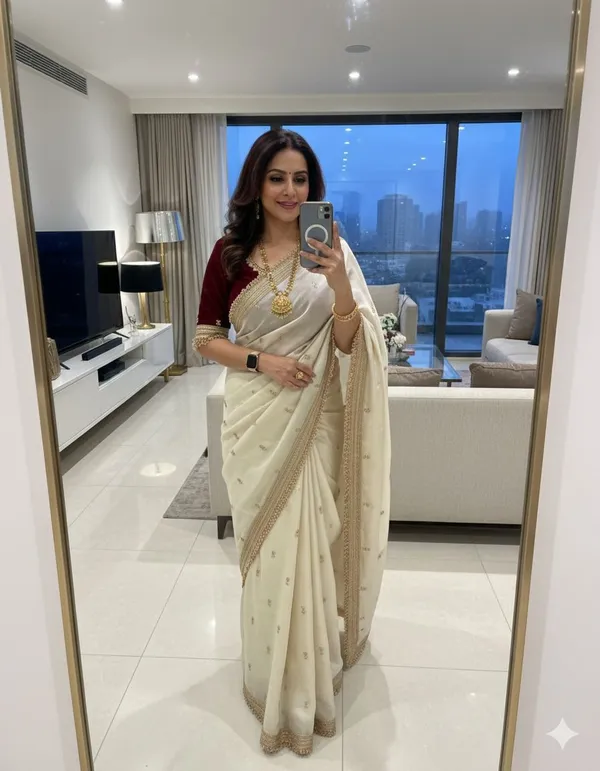 Elegant_Off_White_Saree_With_Gold_Embroidered_Border_And_Maroon_Blouse