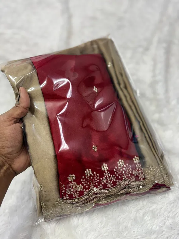 Beige_Embellished_Saree_With_Maroon_Embroidered_Blouse